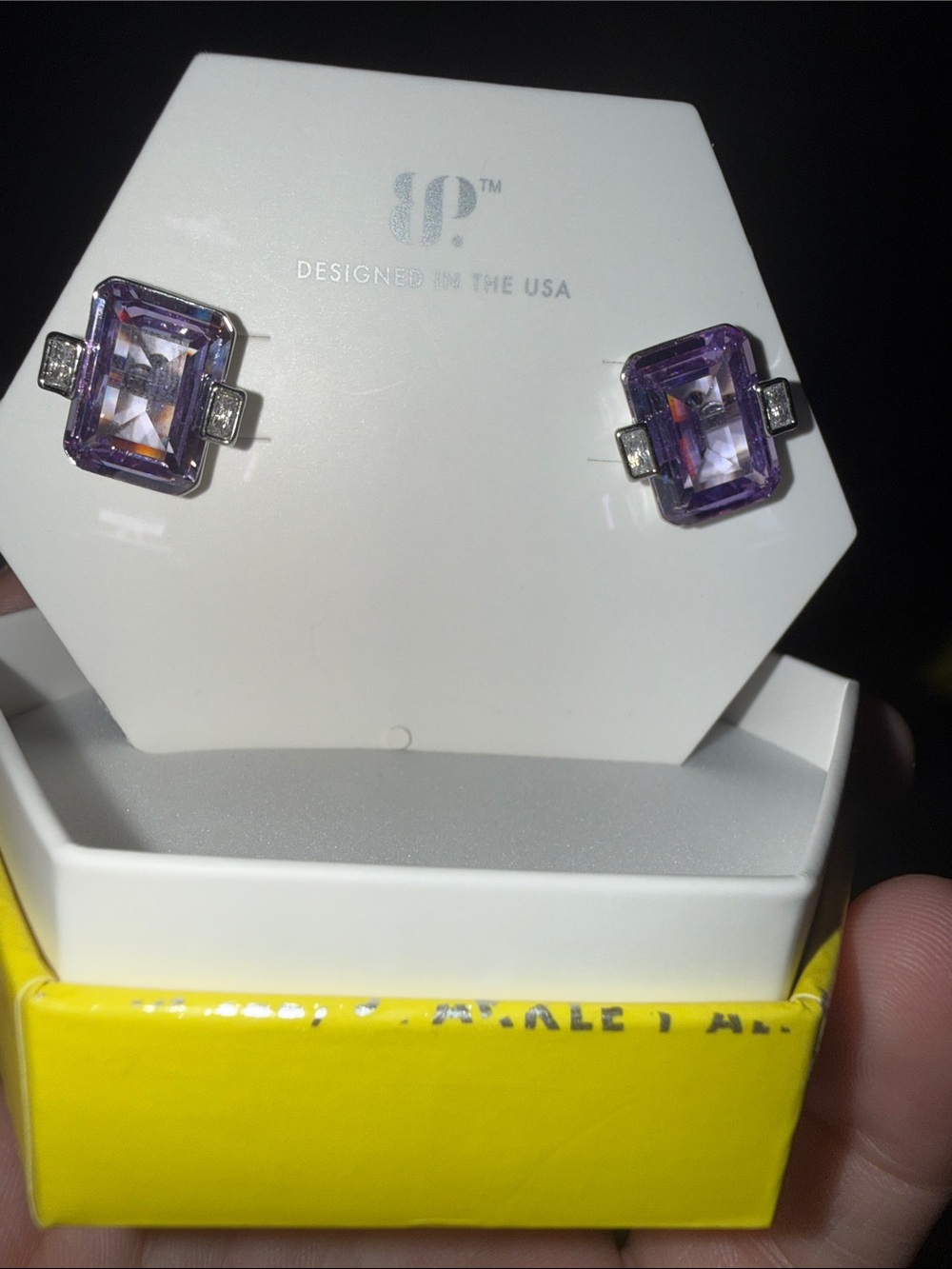 Purple Crystal Rectangle Stud Earrings -